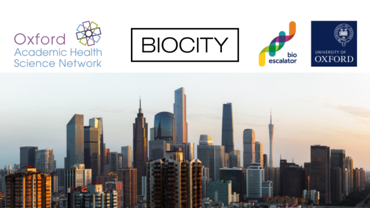 Oxford AHSN logo. BioCity logo. BioEscalator logo. City skyline.