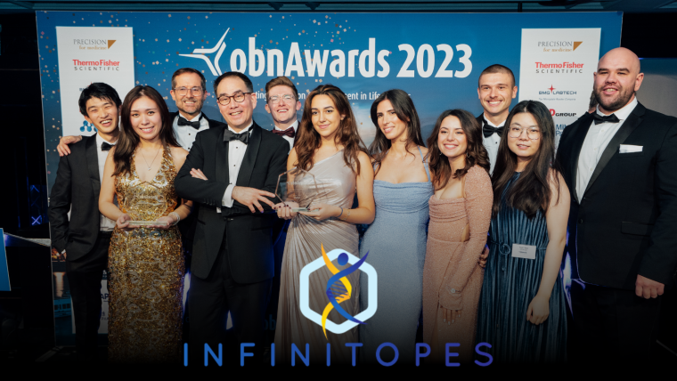 The Infinitopes team is seen posing with one of their trophies in front of an OBN Awards backdrop.