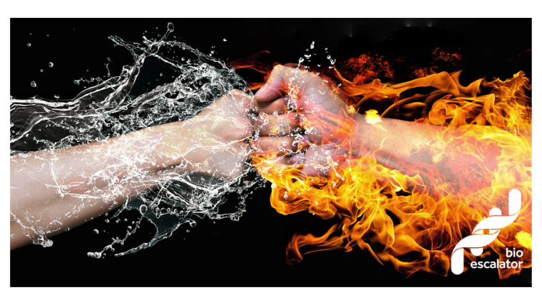 Two fists bumping together. One fist has water flowing from it and the other has fire.