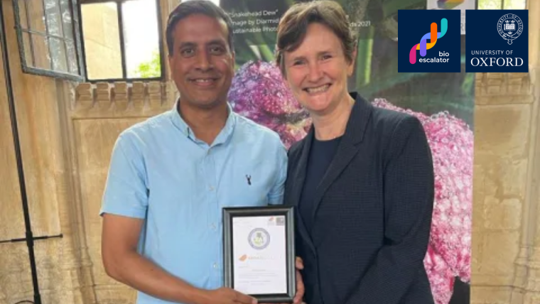 Dr Khwaja Islam, the Laboratory and Facilities Manager at BioEscalator, is pictured with Professor Irene Tracy, the Vice Chancellor of Oxford University, holding the BioEscalator's Bronze Leaf Award certificate.