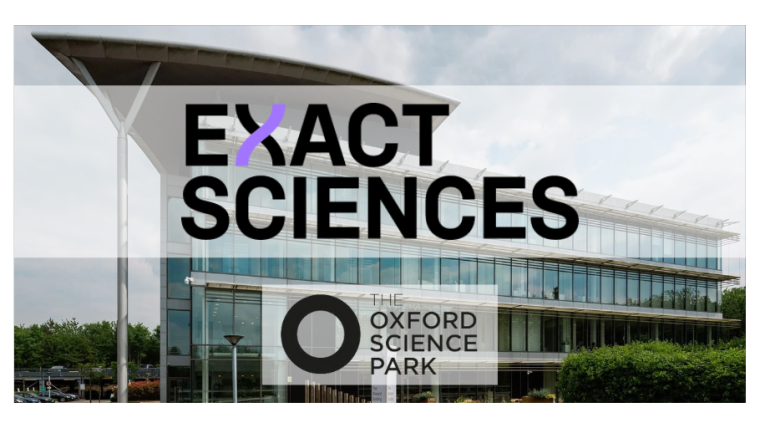 Exact Sciences' logo and The Oxford Science Park's logo. The Oxford Science Park's Sherard building is in the background.