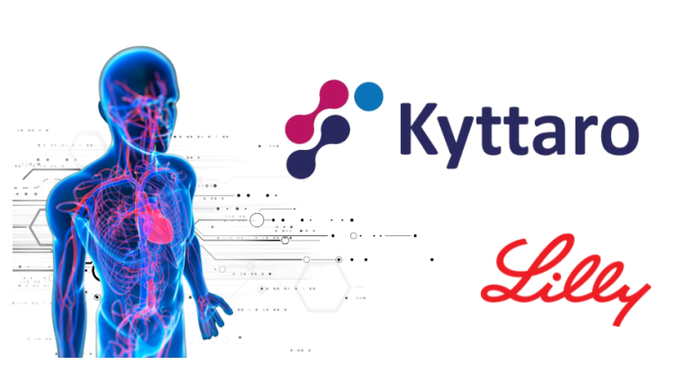 Futuristic graphic of a body with the cardiovascular system highlighted. Kyttaro logo. Lilly logo.