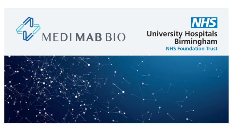 The Medimab logo and the University Hospitals Birmingham logo are side by side on a grey background. Underneath is an image of scattered white dots connected with white lines on a navy blue background.