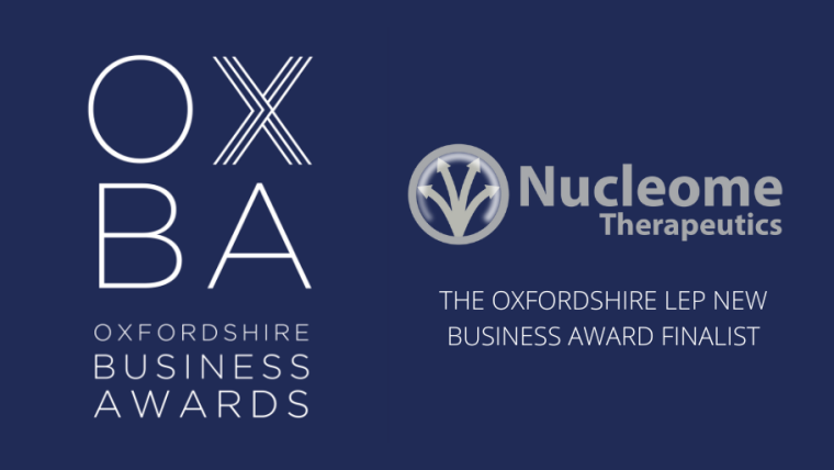 Oxfordshire Business Awards logo. Nucleome Therapeutics logo. The Oxfordshire LEP New Business Award Finalist.