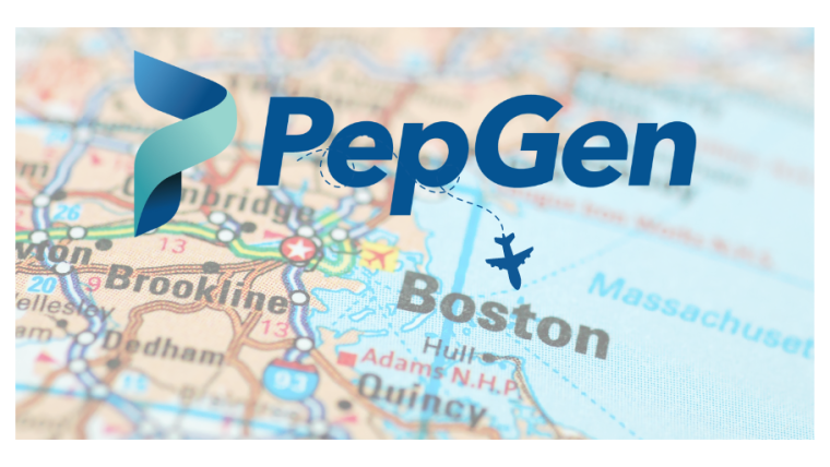 The PepGen logo on a map of the USA. A plane is flying from the PepGen logo to where the city of Boston is marked on the map.