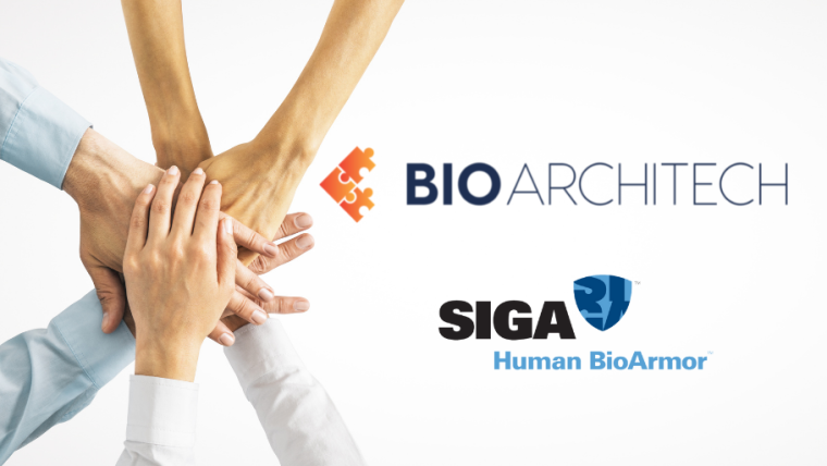 A team hand stack (people's hands placed on top of each other) to the left with the Bioarchitech and SIGA Human Bioarmor logos to the right.