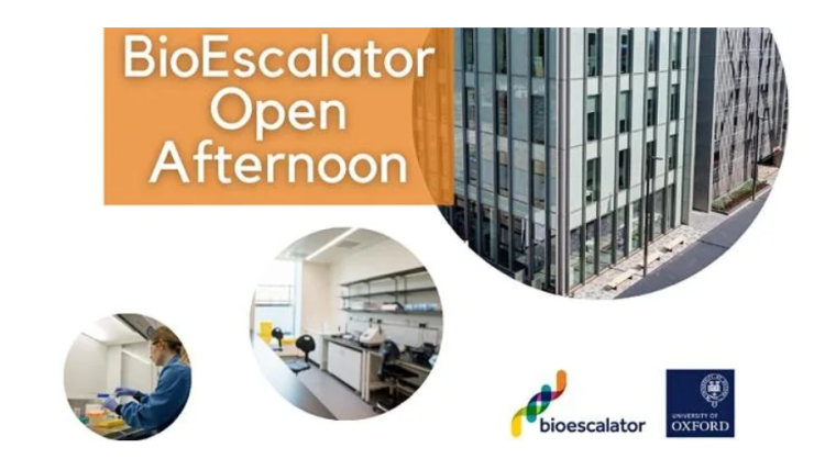Images of the exterior of the BioEscalator building, a BioEscalator innovation laboratory, and a female scientist using a fume hood in the BioEscalator shared core laboratory facilities.