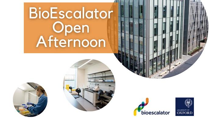 Photo of the BioEscalator. Photo of a BioEscalator lab. Photo of a woman doing lab work in a fume hood. BioEscalator University of Oxford logo.