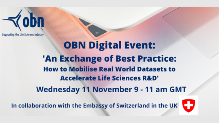 This image is advertising the OBN Digital event titled, 'An Exchange of Best Practice: How to Mobilise Real-World Datasets to Accelerate Life Sciences R&D'.